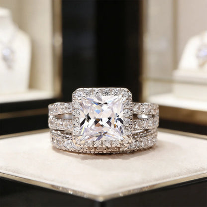Newshe 2Pcs Solid 925 Sterling Silver Wedding Rings for Women Bridal Set 8*8mm 3CT Princess Cut 5A Cubic Zircon Fine Jewelry