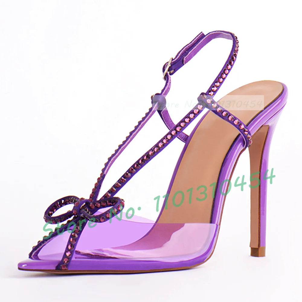 Crystal Bow Slingback Sandals Women Sweet Luxury See-through Pvc High Heels Shoes Summer Peep Toe Elegant Party Clear Pumps