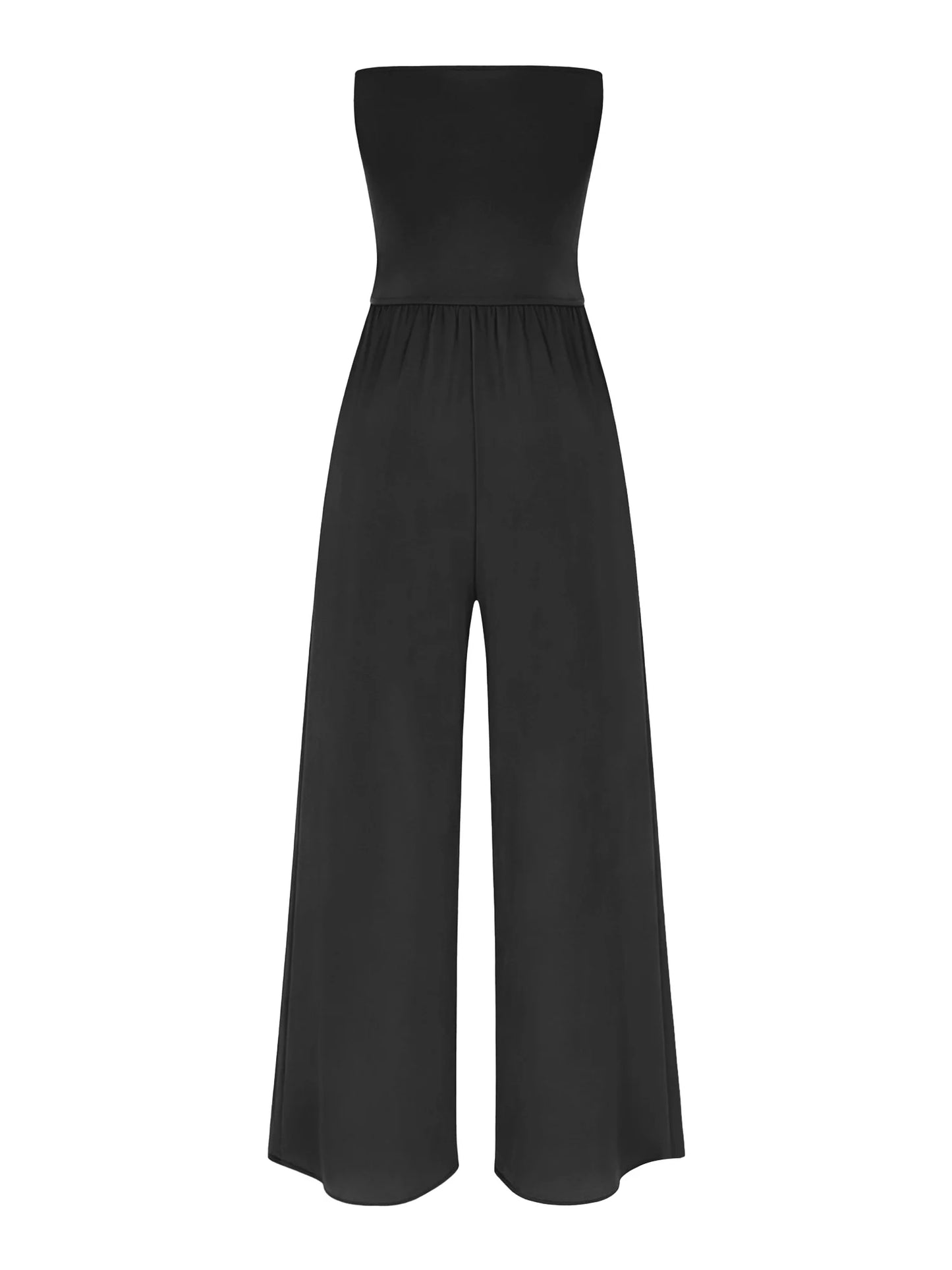 Women Strapless Jumpsuit Bandeau Elastic Bodice Sheer Floral Lace Patchwork Wide Leg Romper for Beach Vacation Party