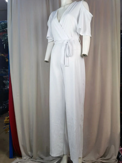 2024 Spring/Summer New Women's jumpsuit loose and elastic V-neck off shoulder waist loose wide leg pants for women's clothing