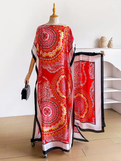 Dubai Mandala Paisley Print Abaya With Matching Scarf, Boat Neck Batwing Sleeve Loose Maxi Kaftan For African Muslim Women