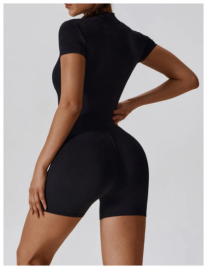 Womens Yoga Jumpsuits Short Sleeve Summer Thin Slim Fit Stretch One Piece Playsuits Romper Sexy Fitness Female Zipper Sportwears