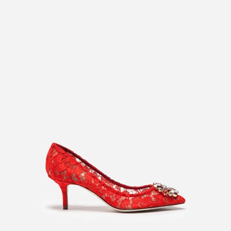 Mesh lace high-heeled shallow mouth shoes 2026 new pointed crystal buckle slim heel fashionable banquet women's single shoes