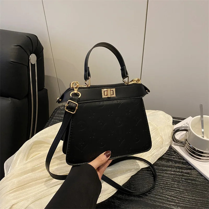 Fashion Embossed Top Handle Bags for Women,Metal Turn Lock Handbag, Adjustable Crossbody Strap,versatile Purse for Daily Outings