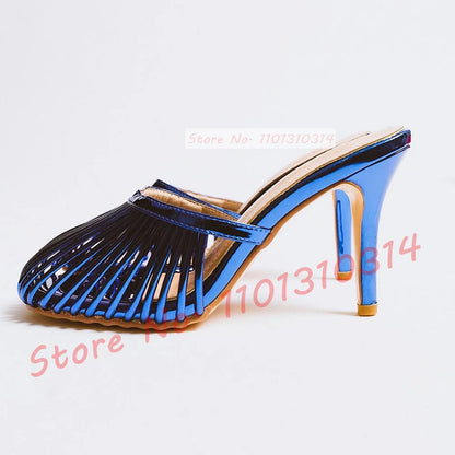Cage Round Toe Metallic Mules Women New In Sexy Luxury High Heel Shoes Female Thin Strap 2023 Summer Elegant Chic Solid Slippers