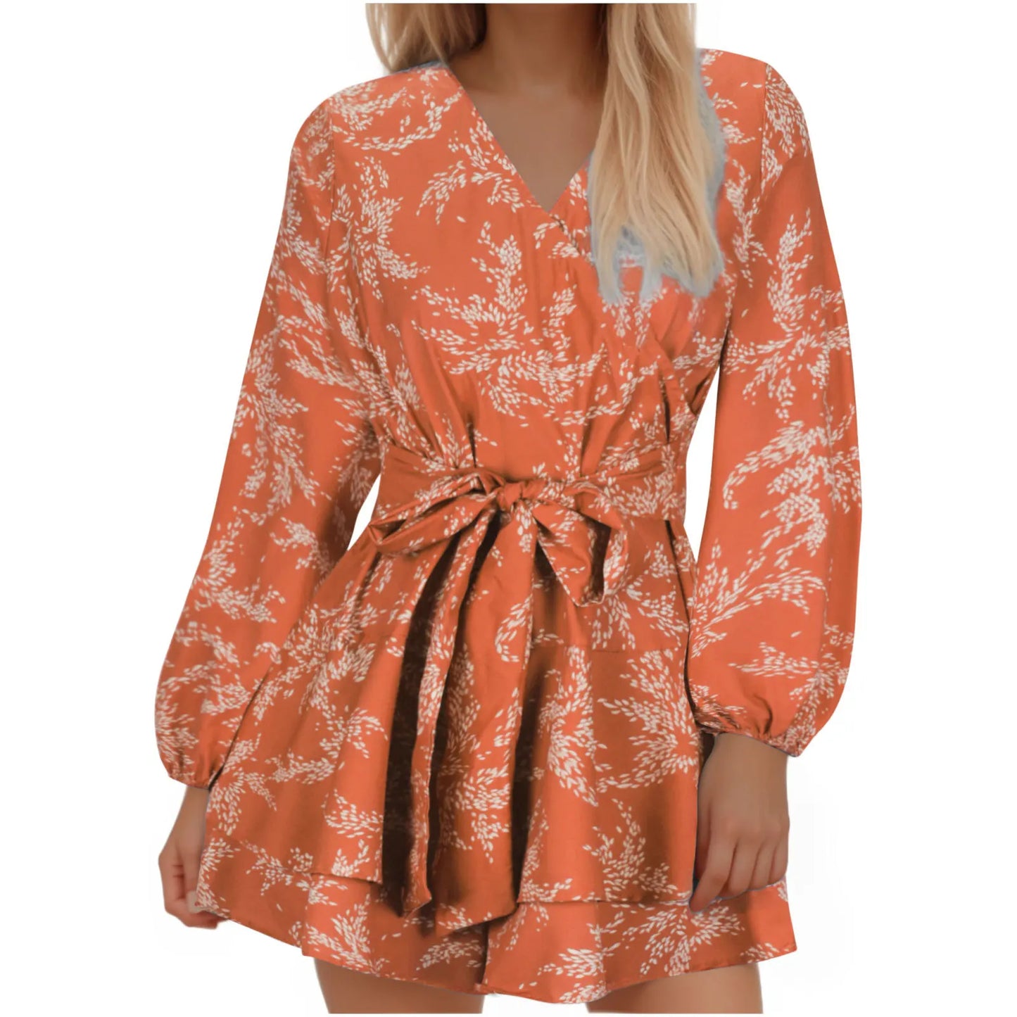 Hot-selling Women's Jumpsuits V-neck Flared Sleeves High Waist Plant Printed Pleated Lace-up Fashion High Street Playsuits