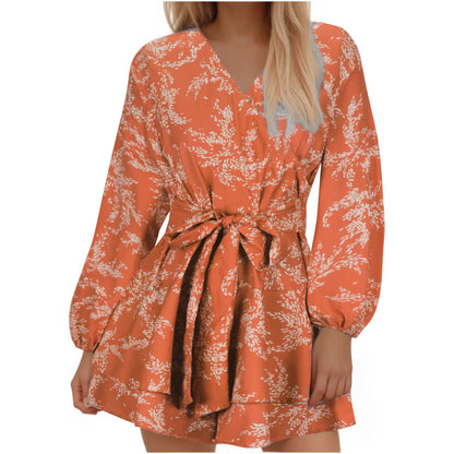 Hot-selling Women's Jumpsuits V-neck Flared Sleeves High Waist Plant Printed Pleated Lace-up Fashion High Street Playsuits