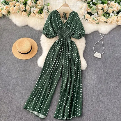 Jumpsuit Women Summer New Temperament Polka Dot V-neck High Waist Casual Wide Leg Jumpsuit Elegant Party One Piece Jumpsuits