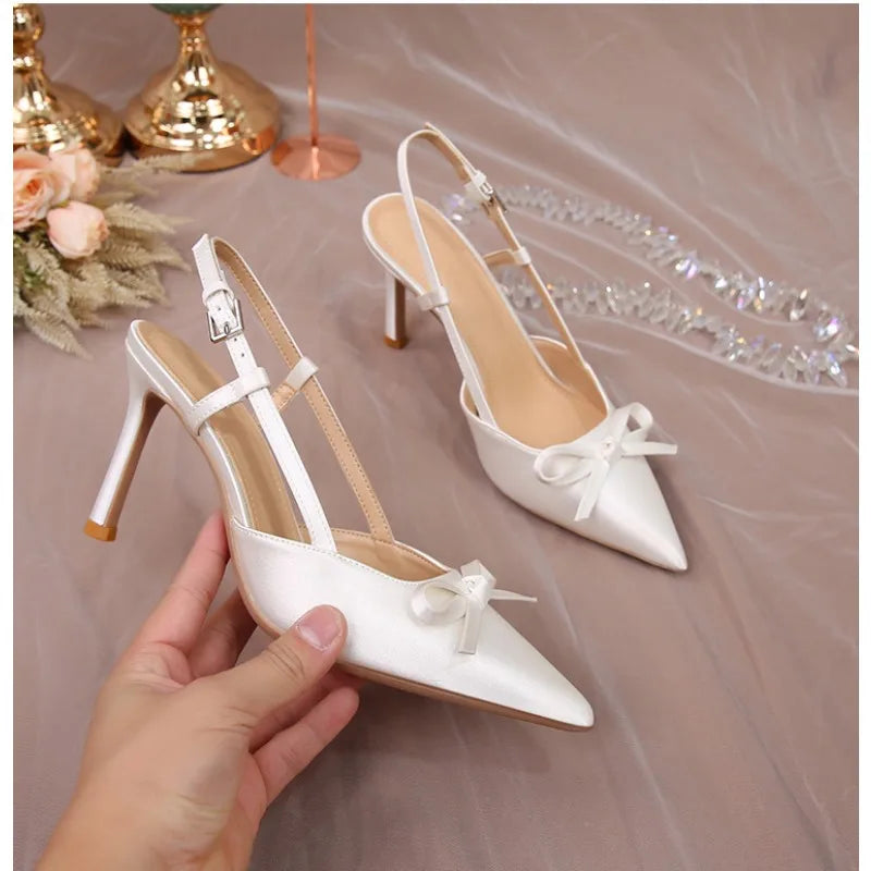 Women Pumps White Wedding Shoes Bride Luxury Satin Butterfly-knot Pointed Toe Adjustable Slingback Heels Elegant Women Heels