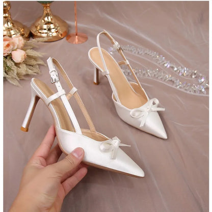 Women Pumps White Wedding Shoes Bride Luxury Satin Butterfly-knot Pointed Toe Adjustable Slingback Heels Elegant Women Heels