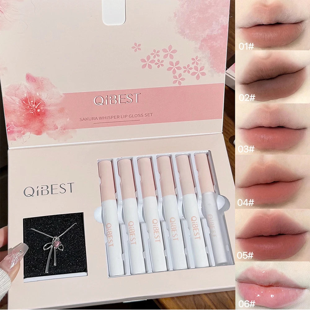 QIBEST 6Pcs/Box Matte Lipstick Sets And Mirror Watery Lip Glaze Lasting Lip Makeup Sets Moisturizing Lipgloss Necklace Gift