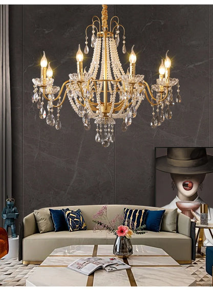 European Living Room Gold Candle E14 Chandelier Luxury Crystal Pearl Led Pendant Lights Villa Decor Led Suspend Lamp Luminarias