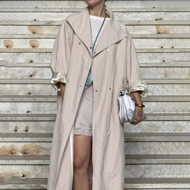 Convertible Collar Oversized Maxi Trench Coat Women Snap Buttons Dolman Sleeve Patch Pockets Outerwear New Ladies Trench Jacket