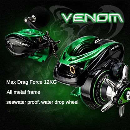 HAIBO VENOM Anti-saltwater Fishing Reel Deep Sea Iron Plate Baitcasting Reel 8+1BB Water Drop Wheel Max Drag 12KG