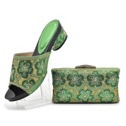 New Arrival Green Color Nigerian Shoes and Matching Bags Set Italian Ladies Shoes and Bags To Match Set Decorated with Rhinstone