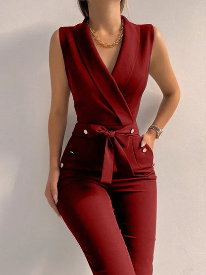 Women Summer Jumpsuit Backless V Neck Solid Zipper Off Shoulder Sleeveless Overalls With Pockets Casual Slim Long Rompers Female