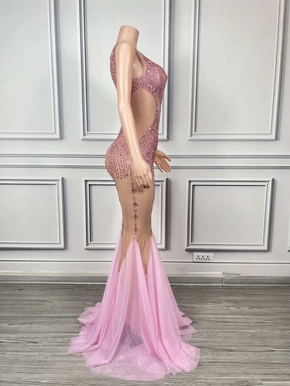 Luxury Dinners Shine Rhinestone Pink Ball Dress for Women Elegant Cloak Dress Birthday Celebrate Prom Queen Fishtail Gown Chanyi