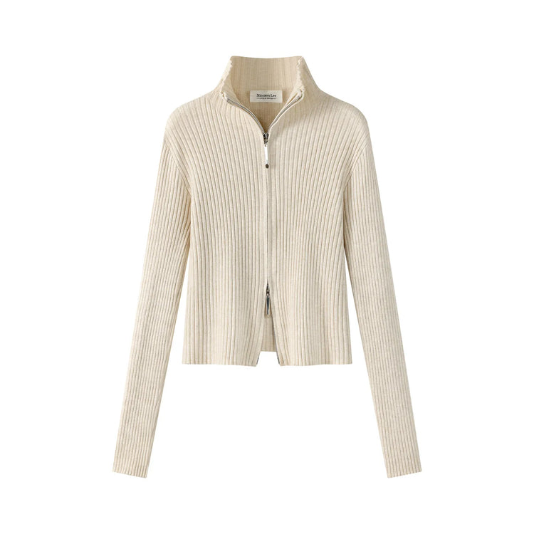 2026 Women's Autumn Winter Knit Cardigan Versatile Office Slim Flattering Cropped Zip-Up Sweater Korean Long Sleeve Outerwear