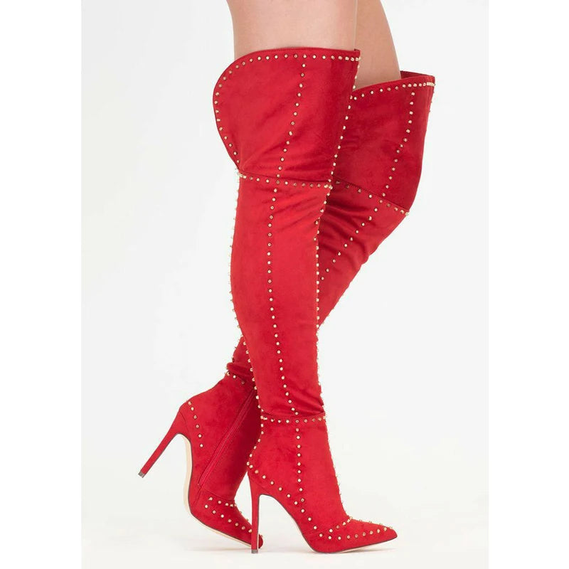 Sexy Green Blue Suede Gold Studs Women Over The Knee Boots Ladies High Heel Thick Slip On Point Toe Rivets Motorcycle Botas
