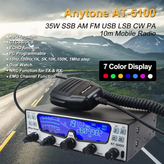 Anytone Walkie Talkie AT-5100 10m Amateur Mobile Radio SSB AM FM USB LSB CW PA 35W PEP NRC Noise Reduction HF CB Transceiver