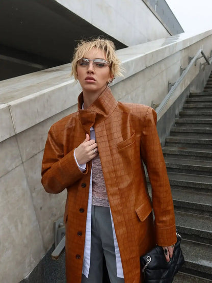 Women Brown Croc Embossed Faux Leather Maxi Trench Coat Lapel Single Breasted Straight Long Front Pockets Vintage Autumn Winter