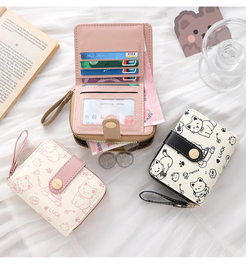 Cute Cat Coin Purse Women Fashion Short Wallet PU Leather Large Capacity Wallet Lightweight ID Card Holder Travel Cash Coin Bag