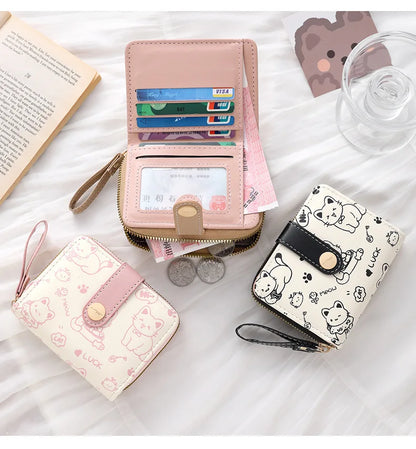Cute Cat Coin Purse Women Fashion Short Wallet PU Leather Large Capacity Wallet Lightweight ID Card Holder Travel Cash Coin Bag