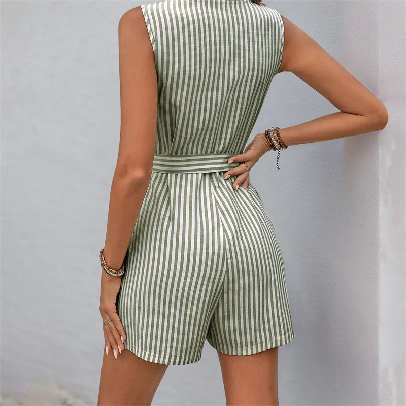 Women Rompers Solid Jumpsuits Striped Lace-Up Button V Neck Sleeveless Waist Mini Length Pants Shorts Casual One-piece Playsuit