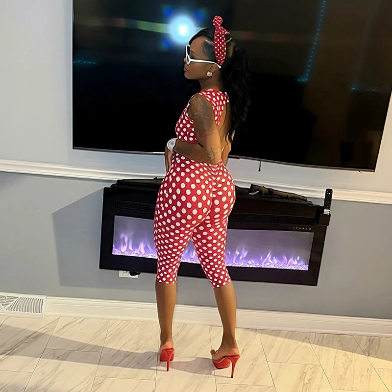 Sexy spicy girl print retro polka dot sleeveless square neck big backless seven part slim fit jumpsuit