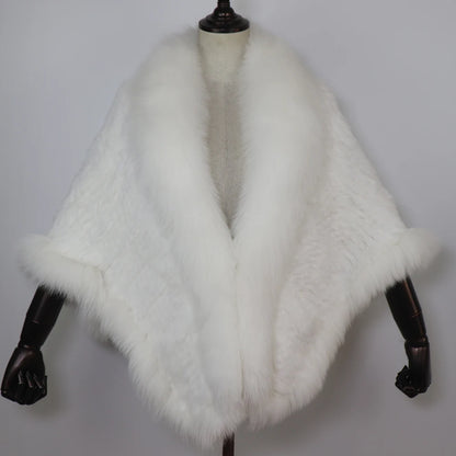 Women 100% Real Rabbit Fur Shawl Scarf With Fox Fur Collar Winter Warm Knitted Rabbit Fur Poncho Girls Party Fashion Accessories