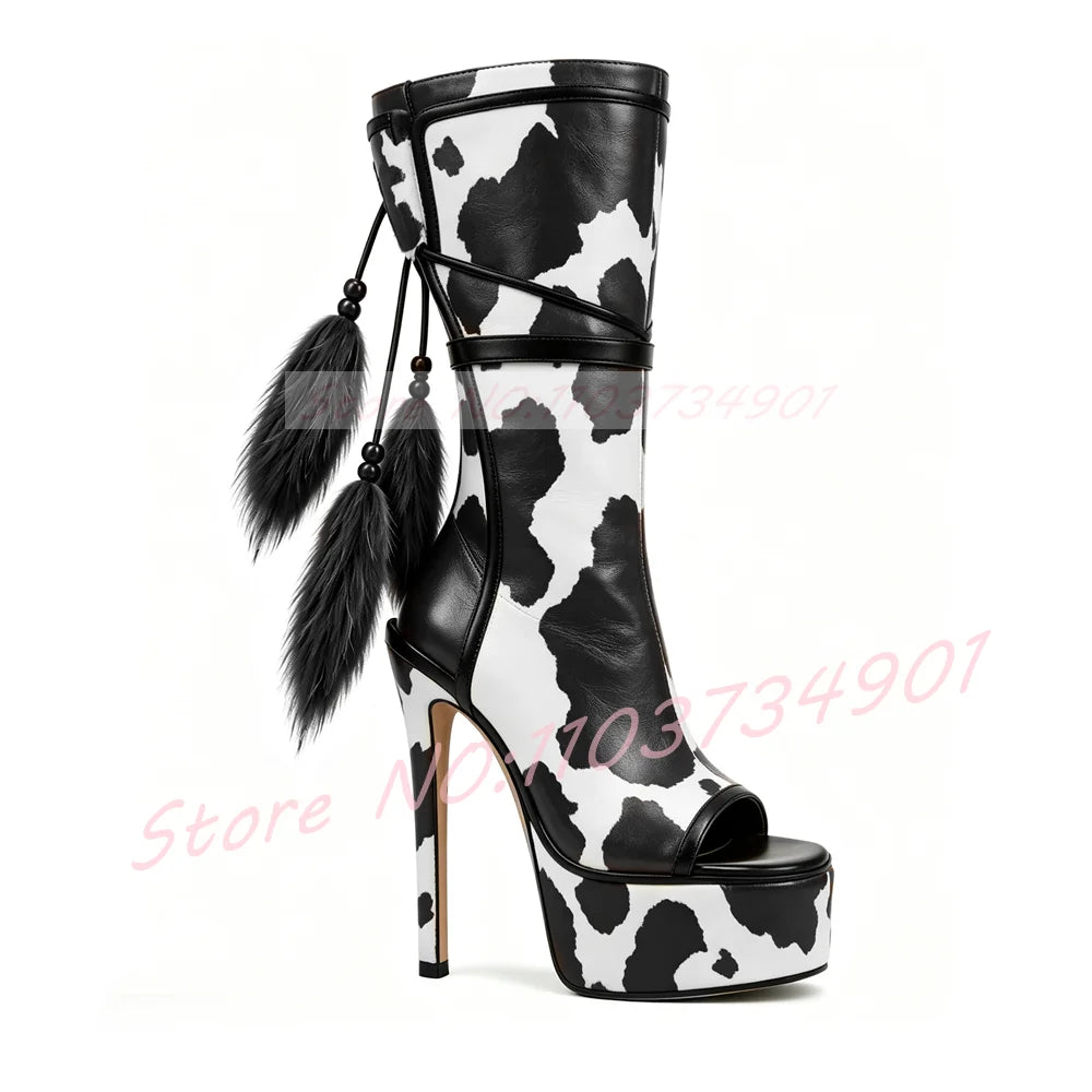 Cow-Print Plush Fluffy Tail Charm Boots Women Pony Hair Stiletto Heel Platform Open Round Toe Boots Trendy High Heels Streetwear