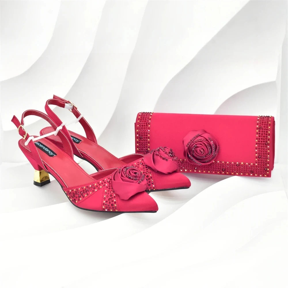 Luxury Italian Shoes and Bag Set for Women Pointed Toe High Heels Party Dress Female Pumps Decorated with Handmade Flowers