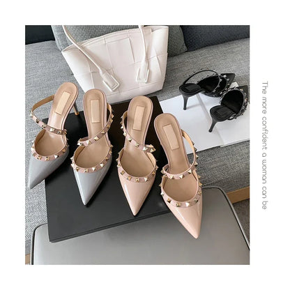 Heeled Sandals Summer Luxury Brand Rivets Women Slippers Fashion Leather Slingbacks Heels Slippers Designer Party Prom Shoes
