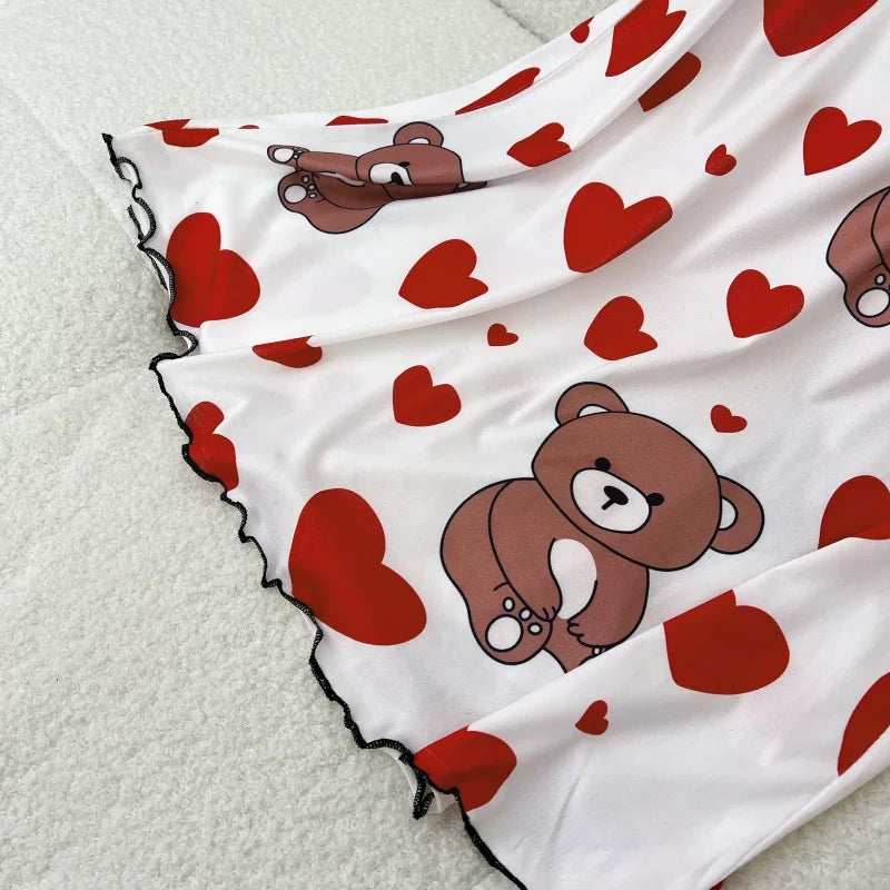FINETOO Summer Teddy Bear Sleepwear Women Seamless Hearts Butterfly Floral Printed Sleeveless Ruffled Loungewear Cute Nightdress