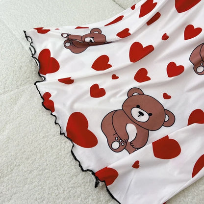 FINETOO Summer Teddy Bear Sleepwear Women Seamless Hearts Butterfly Floral Printed Sleeveless Ruffled Loungewear Cute Nightdress