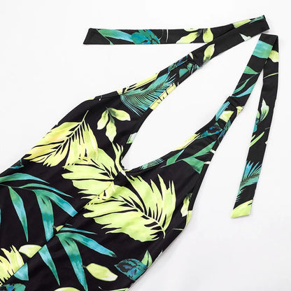 Summer Beach Style Leaves Print Jumpsuit Women Halter Lace-Up Backless Slim Stretchy Wide Legs Holiday Rompers Sleeveless 64025