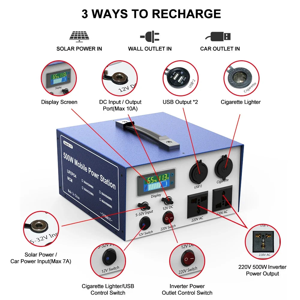 12v50AH Lifepo4 battery Portable power station 60AH Lithium Inverter 220V 500W For Outdoor Camping available mobile 30AH 25AH