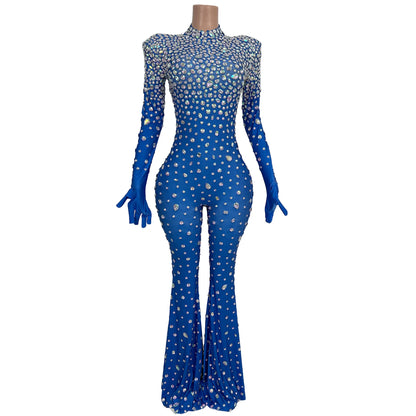 Sexy Long Sleeves Rhinestone Wide Leg Jumpsuit Women Birthday Evening Party Banquet Bodycon Rompers Plus Size Club Bodysuits