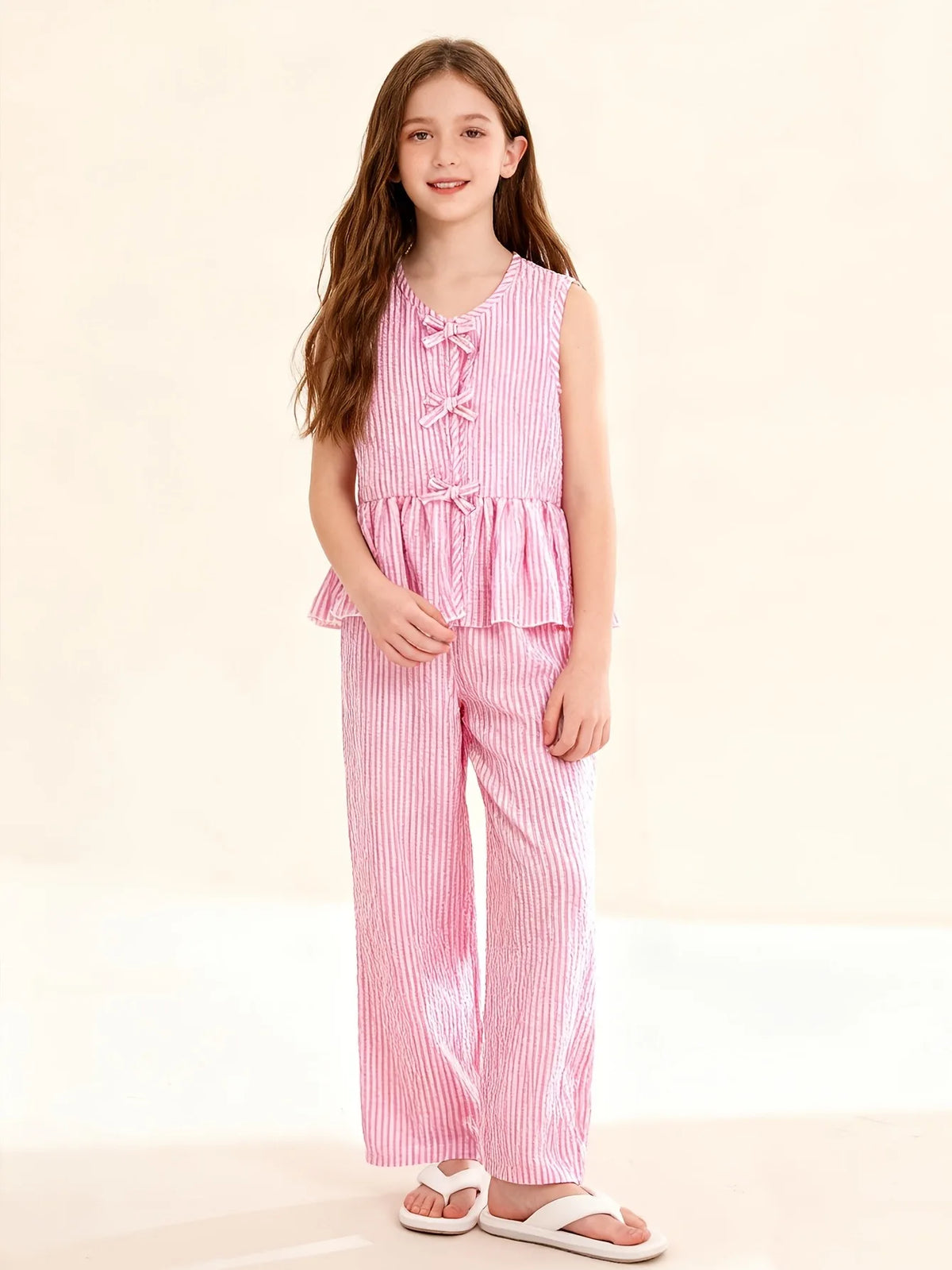 Kids Girls 2 Piece Pink Stripe Sleeveless Peplum Top & Wide Leg Pants Set Cute Bow Detail Summer Outfit