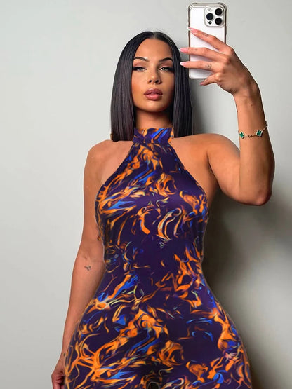Weird Puss Colorful Print Romper Women Halter Bandage Summer Sexy Hipster Backless Activity Workout Fit Tight Stretch Playsuits
