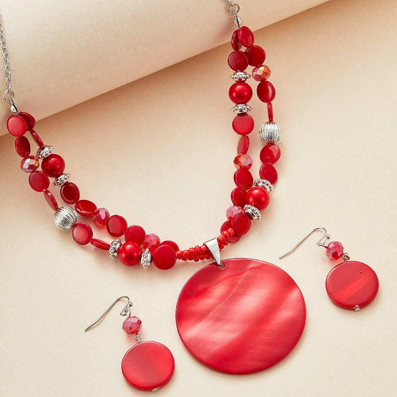 3PCS Bohemian Ethnic Style Exaggerated Personality Red Round Pendant Earring Necklace Women's Holiday Party Accessories