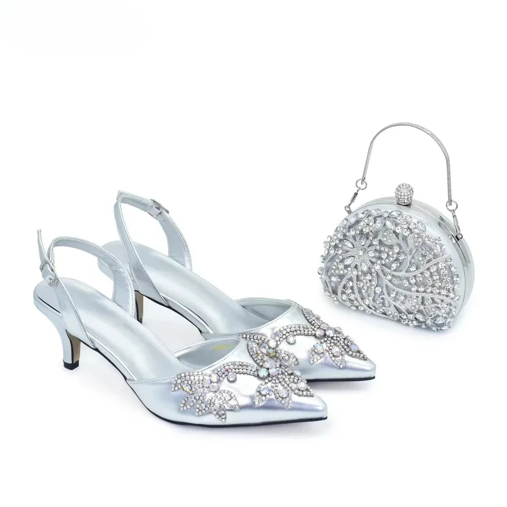 New Fashion Women Shoes and Bags To Match Set Nigeria Party Full Diamond Decoration Metal Closure Shoes for Party Luxury Pumps