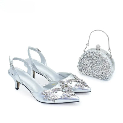 New Fashion Women Shoes and Bags To Match Set Nigeria Party Full Diamond Decoration Metal Closure Shoes for Party Luxury Pumps