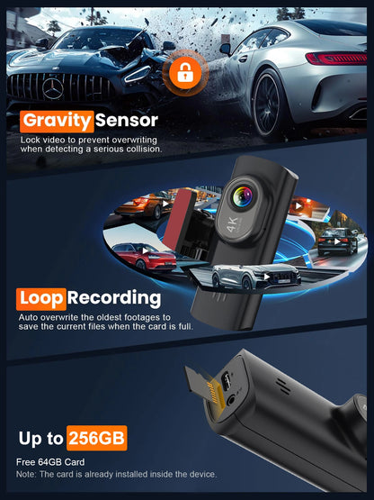 Dash Cam 4K Dual Lens Recording Car Camera DVR Night Vision Video Recorder Built-In Wi-Fi Support 24H Parking Monitoring Black Box Free 64GB Card