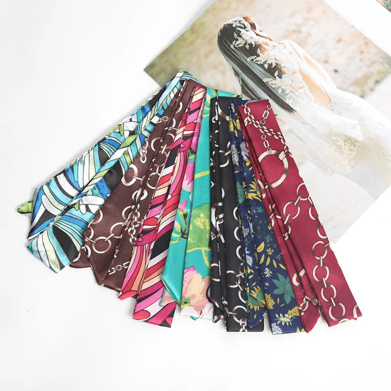 16 Colors Print Flower Small Scarf for Women Narrow Ribbon Headband Female Neckerchief Handle bag Band Hair Tie Accessories