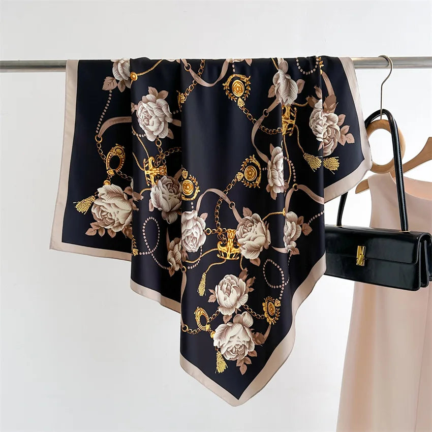90cm Floral Print Silk Square Scarf Women Luxury Brand Satin Shawls Neckerchief Wrap Scarves Bandana Hair Hjiab Bohemian Style