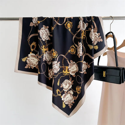 90cm Floral Print Silk Square Scarf Women Luxury Brand Satin Shawls Neckerchief Wrap Scarves Bandana Hair Hjiab Bohemian Style