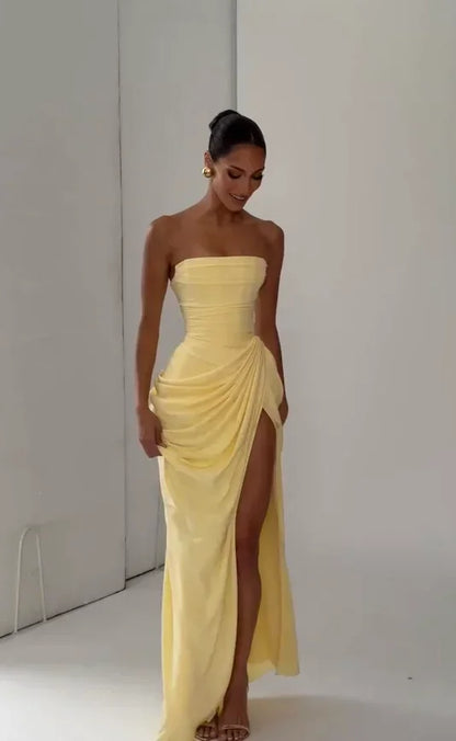 Solid Pleated Strapless Women's Dress Backless Off-shoulder High Waist Split Female Dresses 2026 Sexy Summer Evening Party Gown