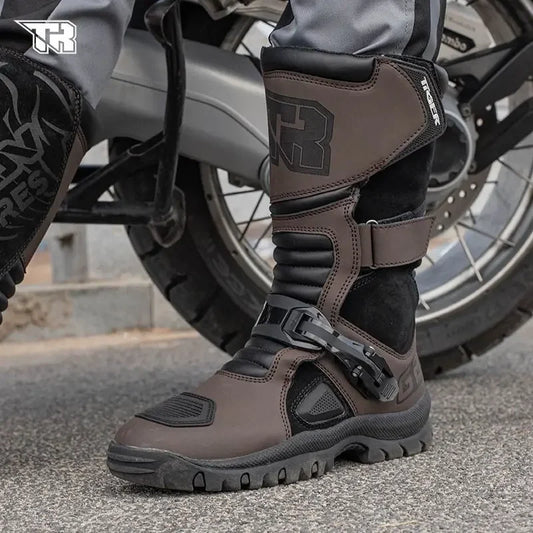TR Retro Motorcycle Boots Men's Cowhide Waterproof Mid-Calf Boots for Riding Motocross Bota Motorbike Botas Zapatillas Hombre