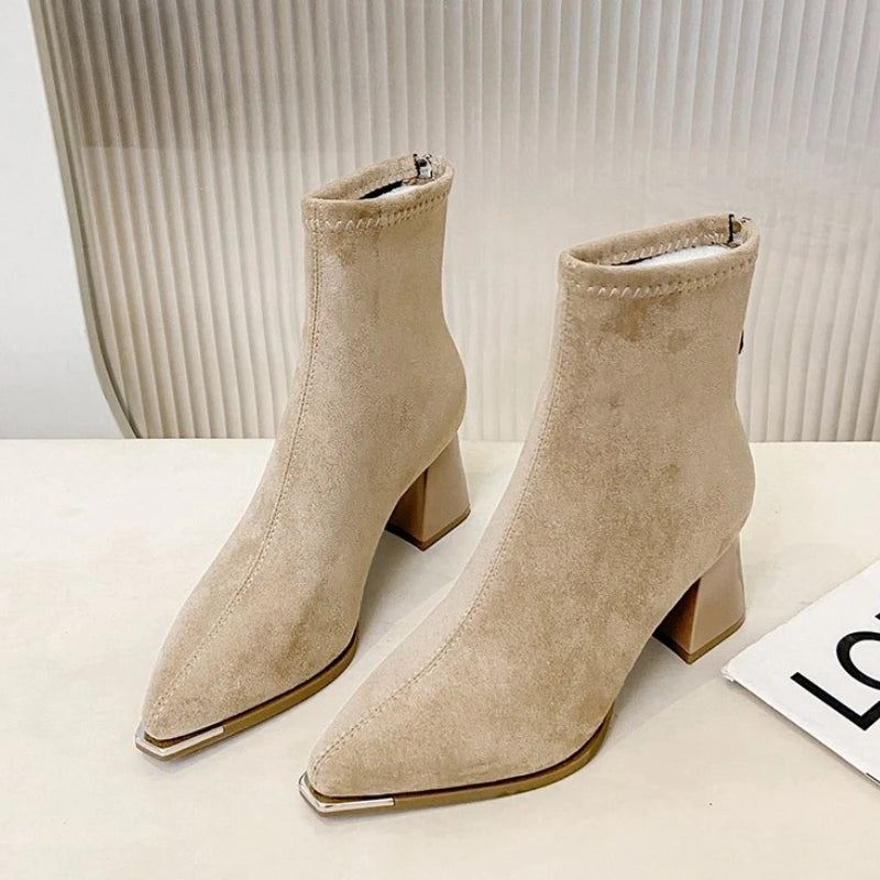 Winter Women Thick Heel Ankle Boots Fashion Pointed Toe Mordern Short Booties Street Style Party Stripper Female Shoes